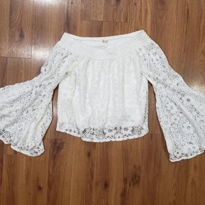 Hollister floral knit lace off-shoulder flare sleeve blouse!